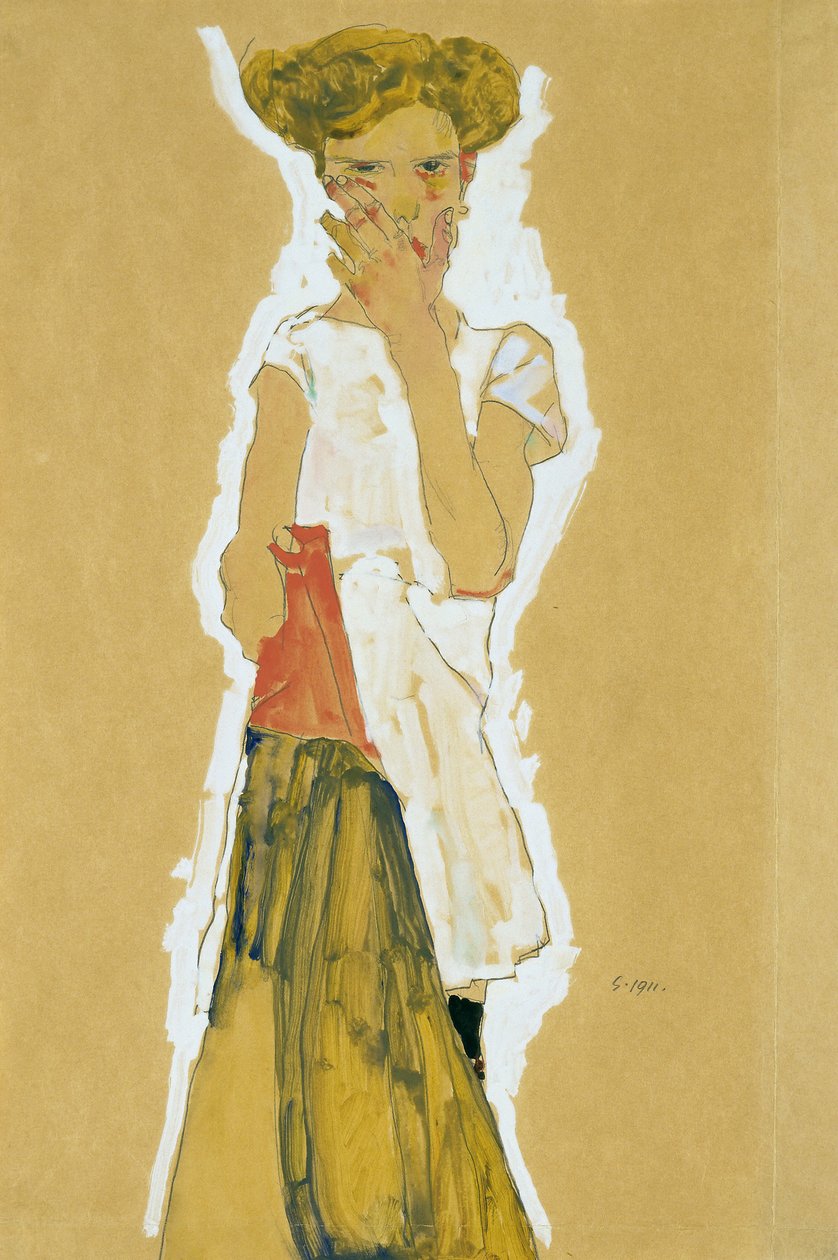 Chica de pie con enagua blanca de Egon Schiele