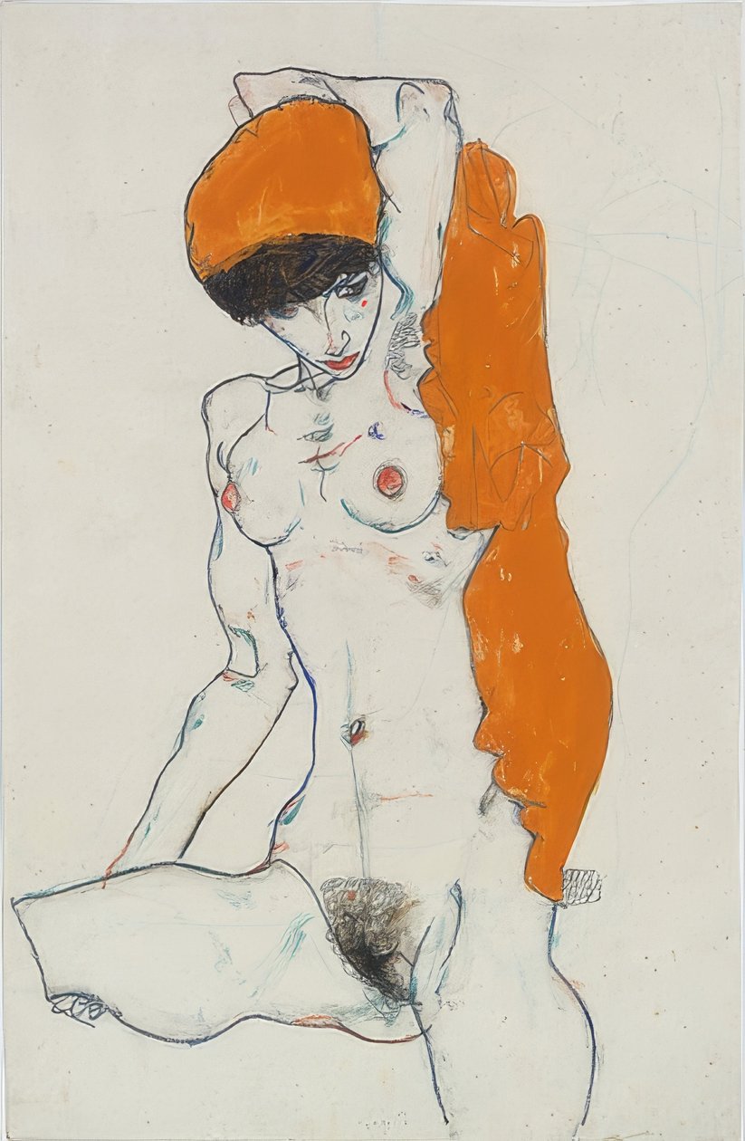Desnudo de pie con tela naranja. 1914 de Egon Schiele