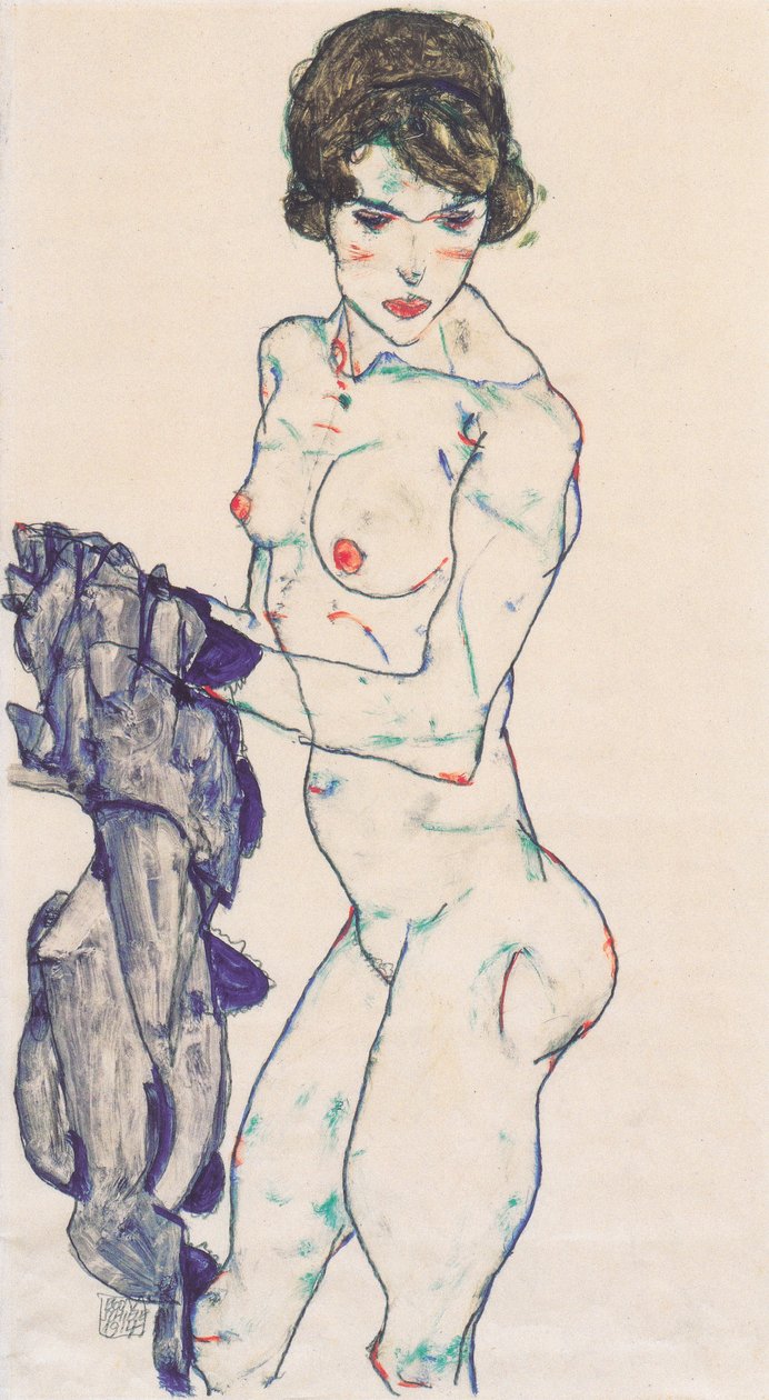 Desnudo femenino de pie con tela azul de Egon Schiele