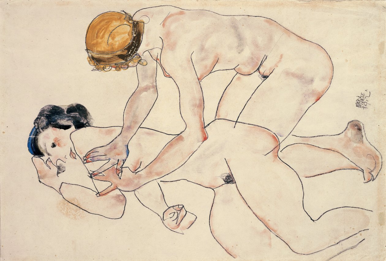 Dos Desnudos Femeninos, Reclinados y Arrodillados de Egon Schiele