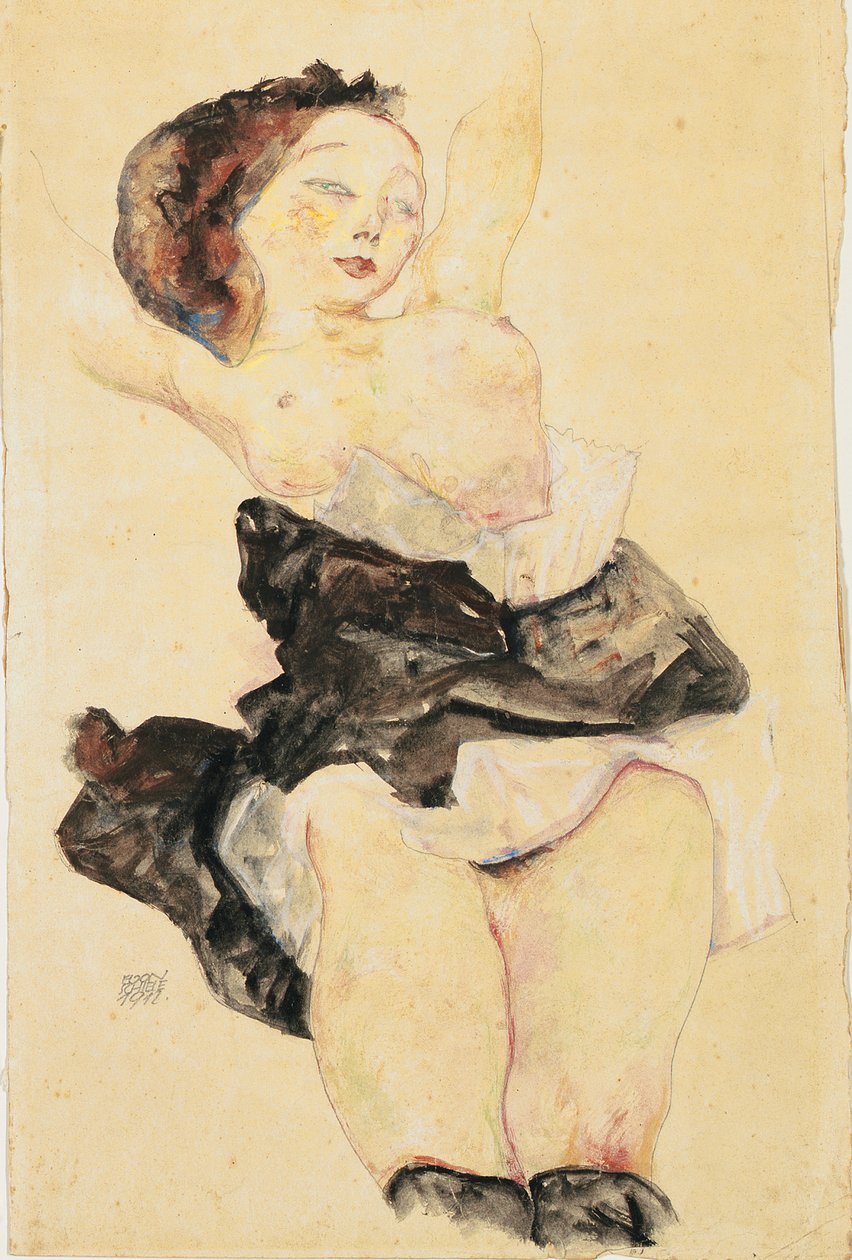 Joven Chica Reclinada, Semi Desnuda de Egon Schiele