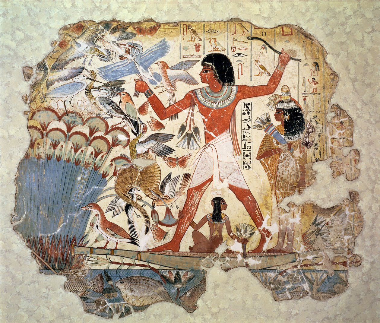 Nebamun cazando en los pantanos con su esposa e hija, parte de una pintura mural de la capilla-tumba de Nebamun, Tebas, Nuevo Reino, c.1350 a.C. de Egyptian 18th Dynasty