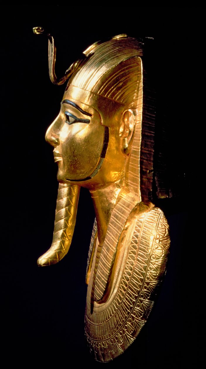 Máscara funeraria de Psusennes I (c.1039-991 a.C.) Periodo Intermedio Tercero (oro incrustado con lapislázuli y vidrio blanco y negro) de Egyptian 21st Dynasty