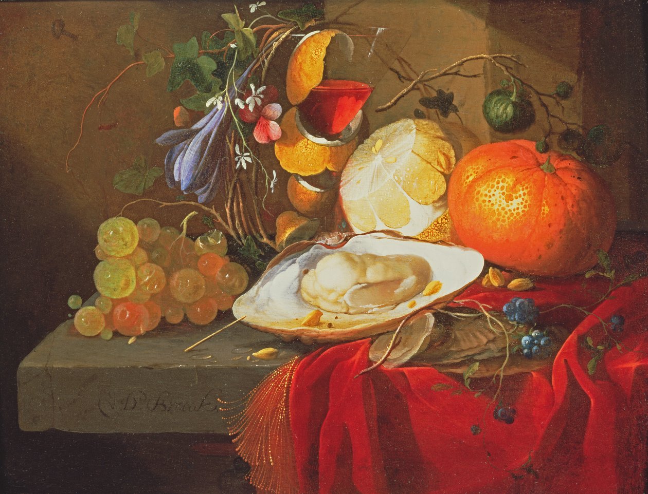 Una ostra, una copa de vino y fruta sobre una mesa cubierta con un paño de terciopelo rojo de Elias van den Broeck