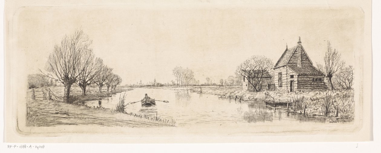 Paisaje de río con una casa de madera. de Elias Stark