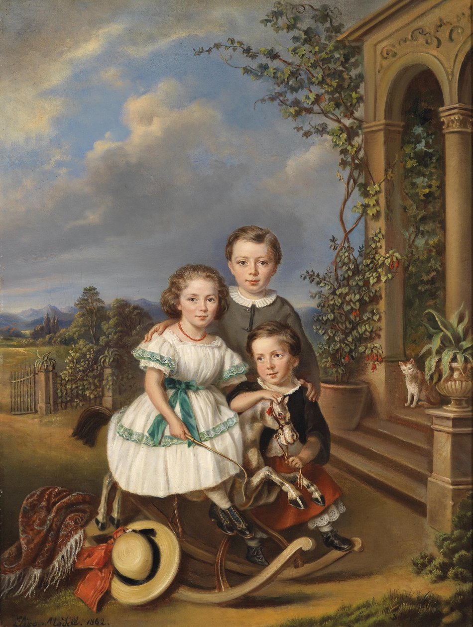 Retratos de tres niños frente a un pabellón de jardín de Elisabeth Modell