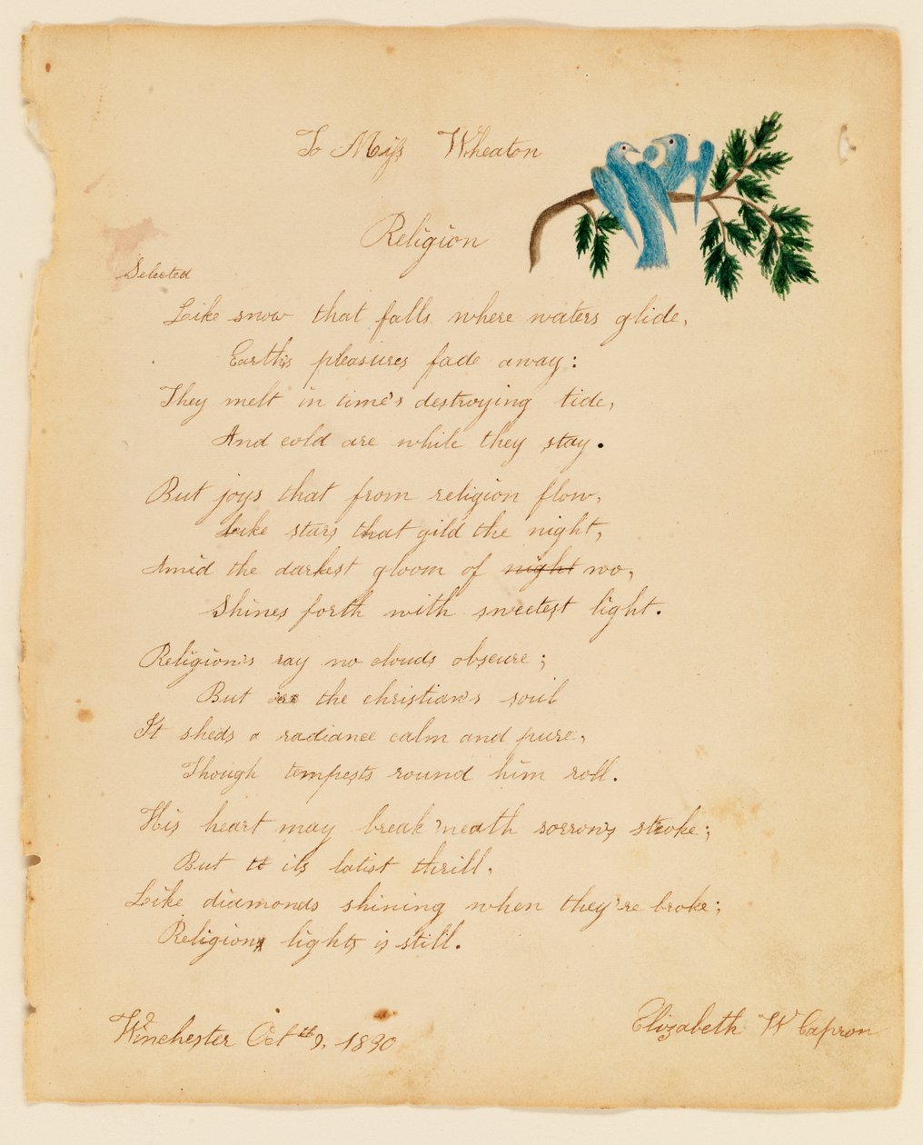 A la Srta. Wheaton, Religión, 1830 de Elizabeth W. Capron