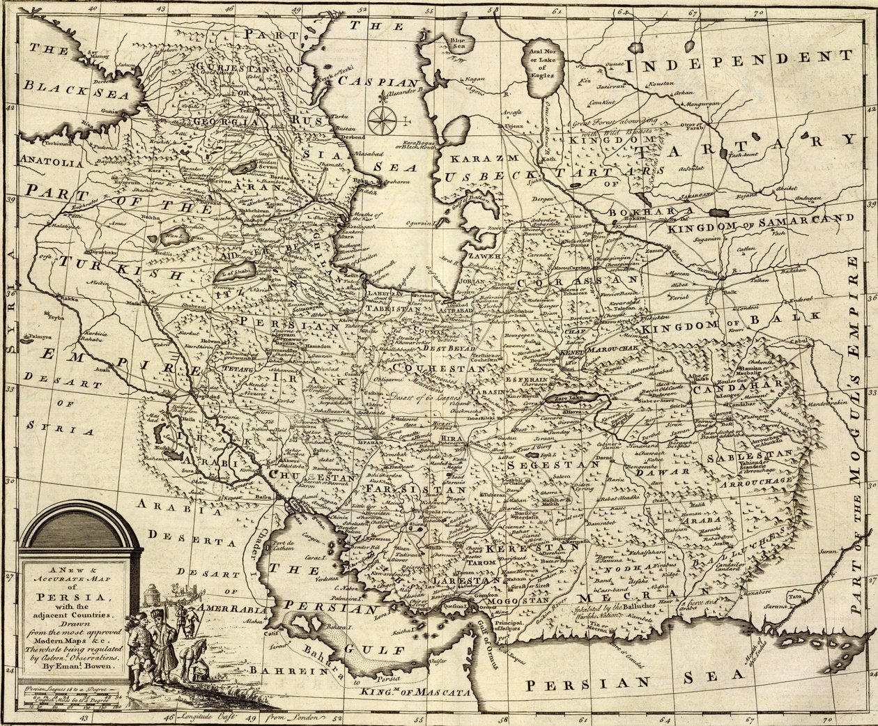 Un nuevo y preciso mapa de Persia, con los países adyacentes de Emanuel Bowen