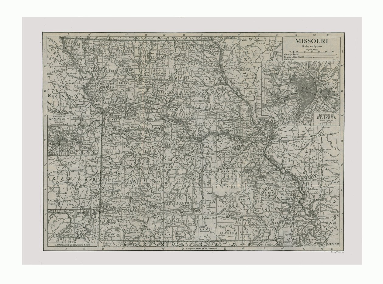 Mapa de Missouri, EE.UU., c1900s de Emery Walker