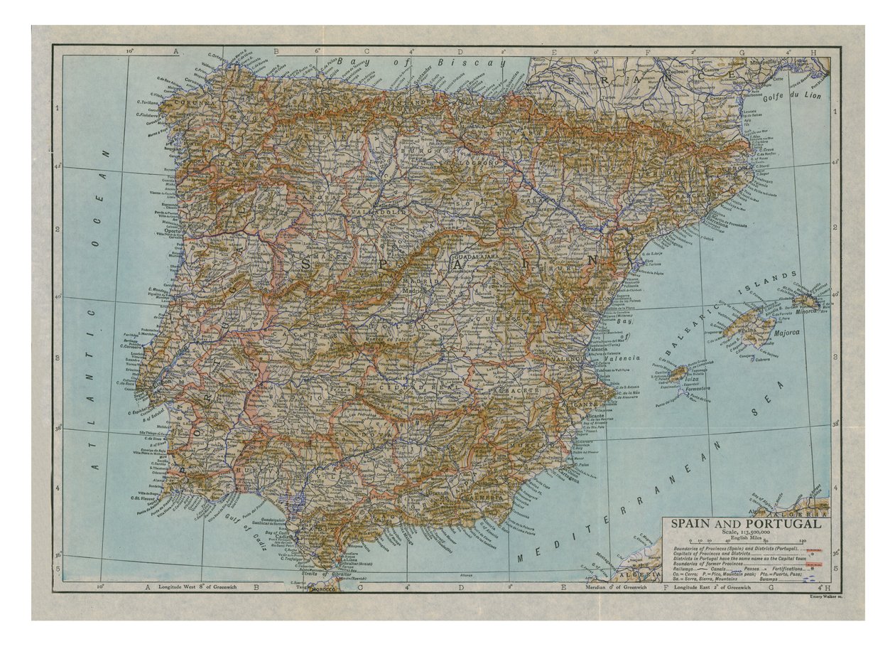 Mapa de España y Portugal, c1910 de Emery Walker