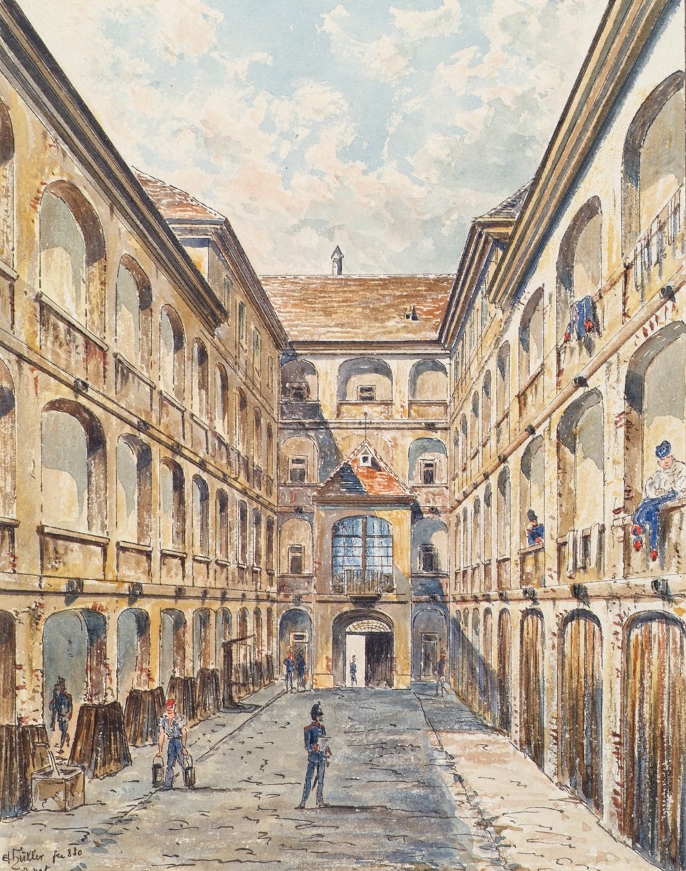 El primer patio del cuartel de Salzgries en Viena de Emil Hütter