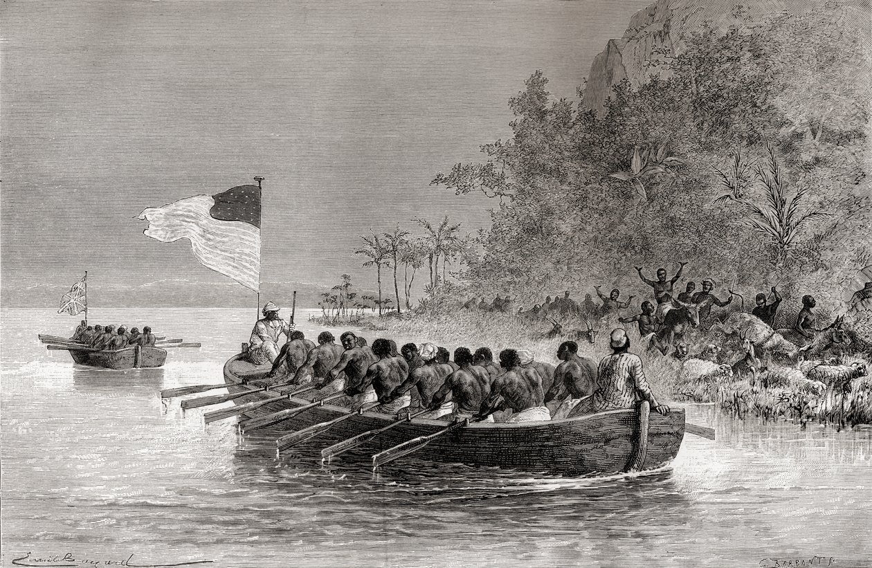 Dr. David Livingstone en el primer bote, con la bandera inglesa, y Henry Morton Stanley en el segundo bote, con la bandera americana, durante su expedición en África en 1872, ilustración de 