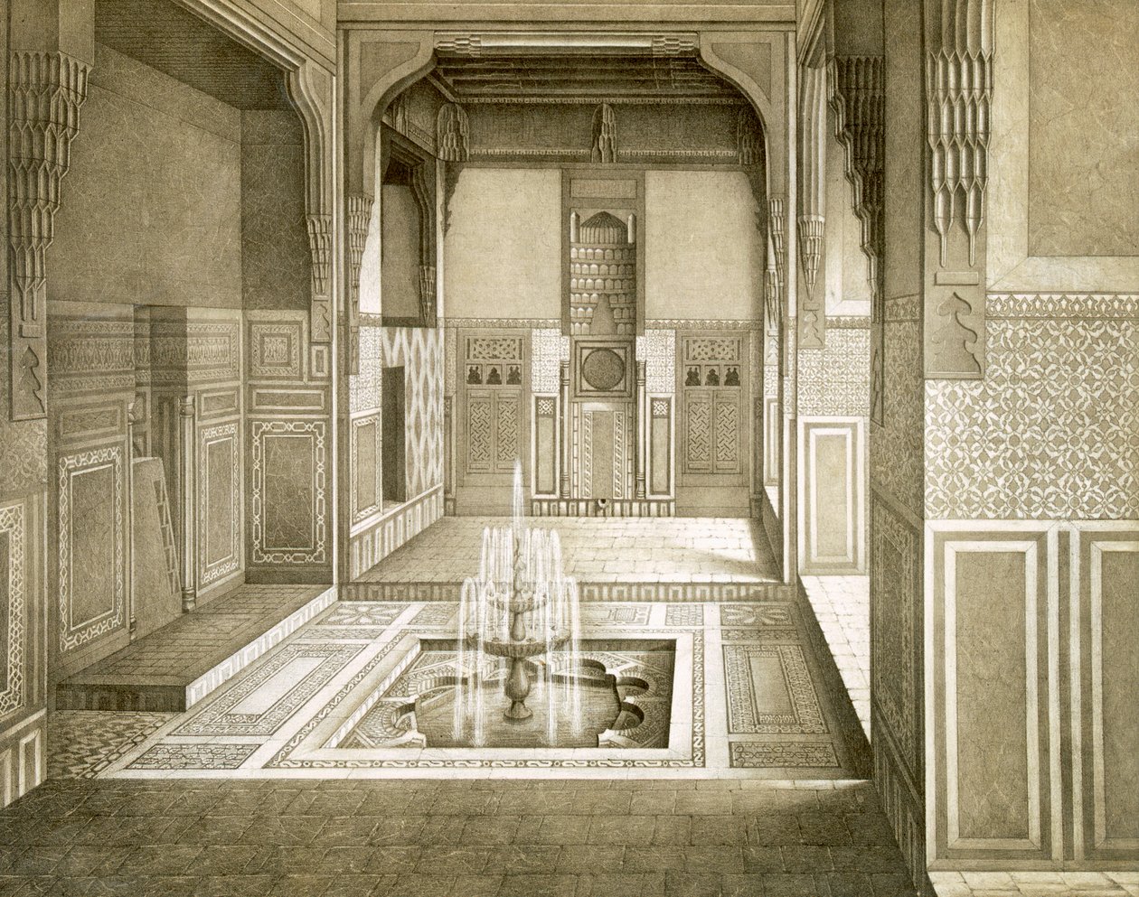 El Cairo: Mandarah: Sala de Recepción, planta baja, con piscina y fuente, siglo XIX de Emile Prisse d