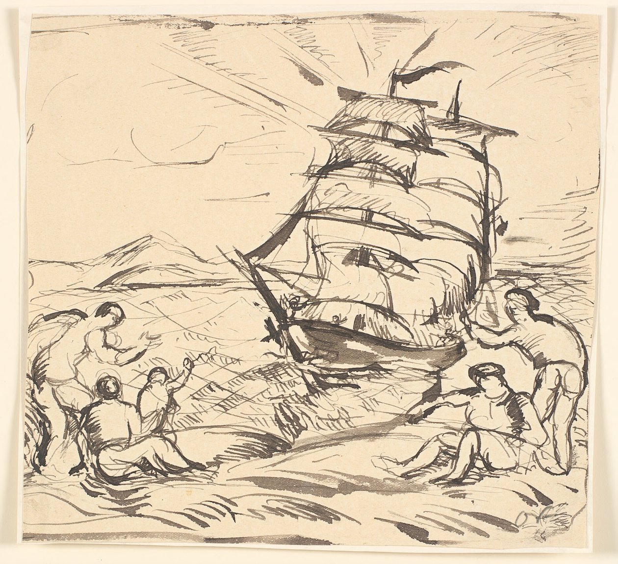 Paisaje costero con barco de vela y figuras gesticulando de Emile Othon Friesz