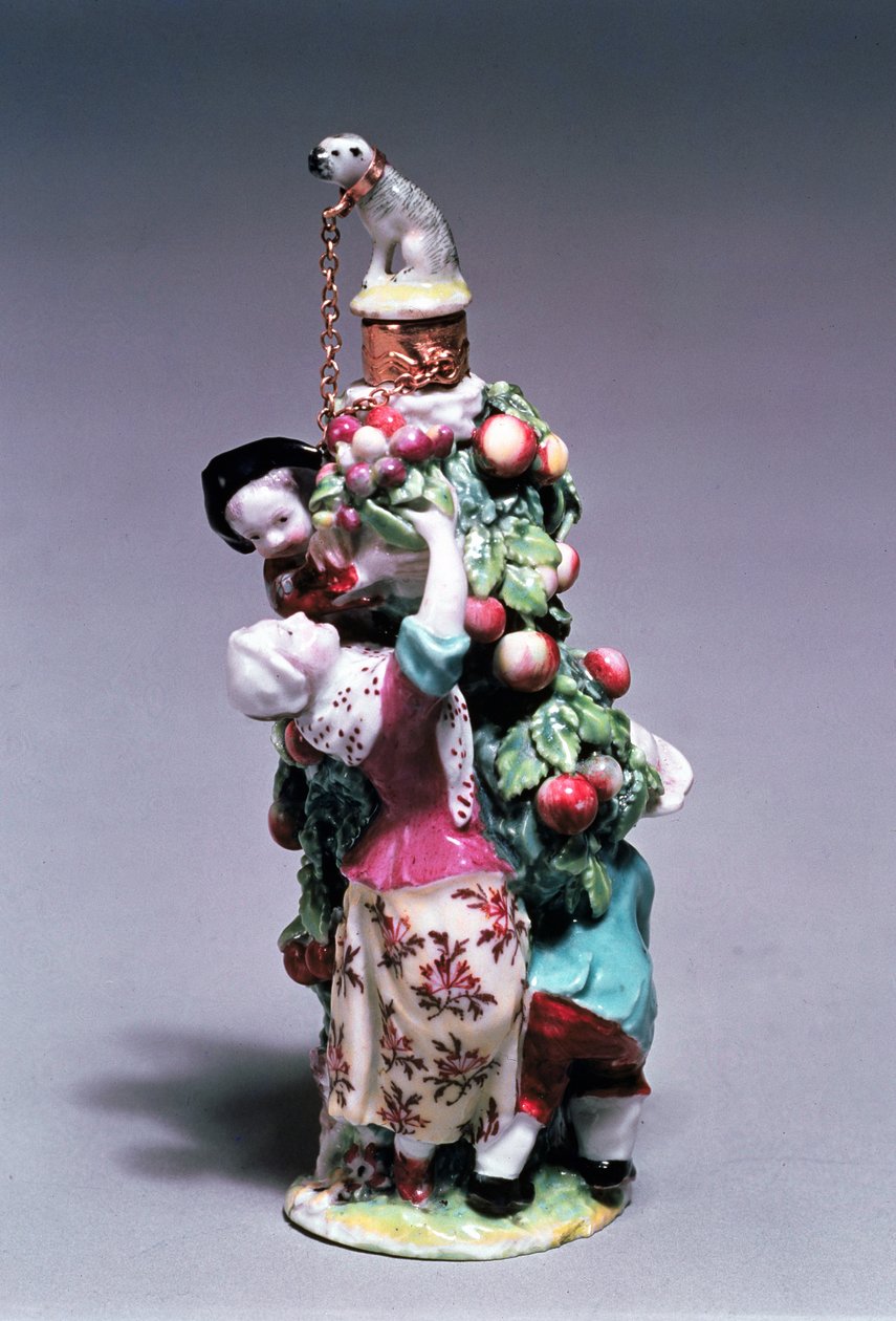 Botella de perfume de Chelsea que representa a una madre y sus hijos recogiendo frutas, Período de Ancla Dorada, 1758-69 (porcelana) de English School