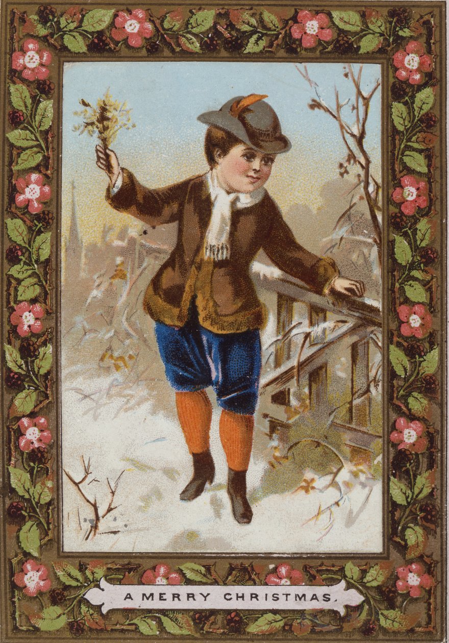 Tarjeta de Navidad que muestra a un niño caminando en la nieve de English School