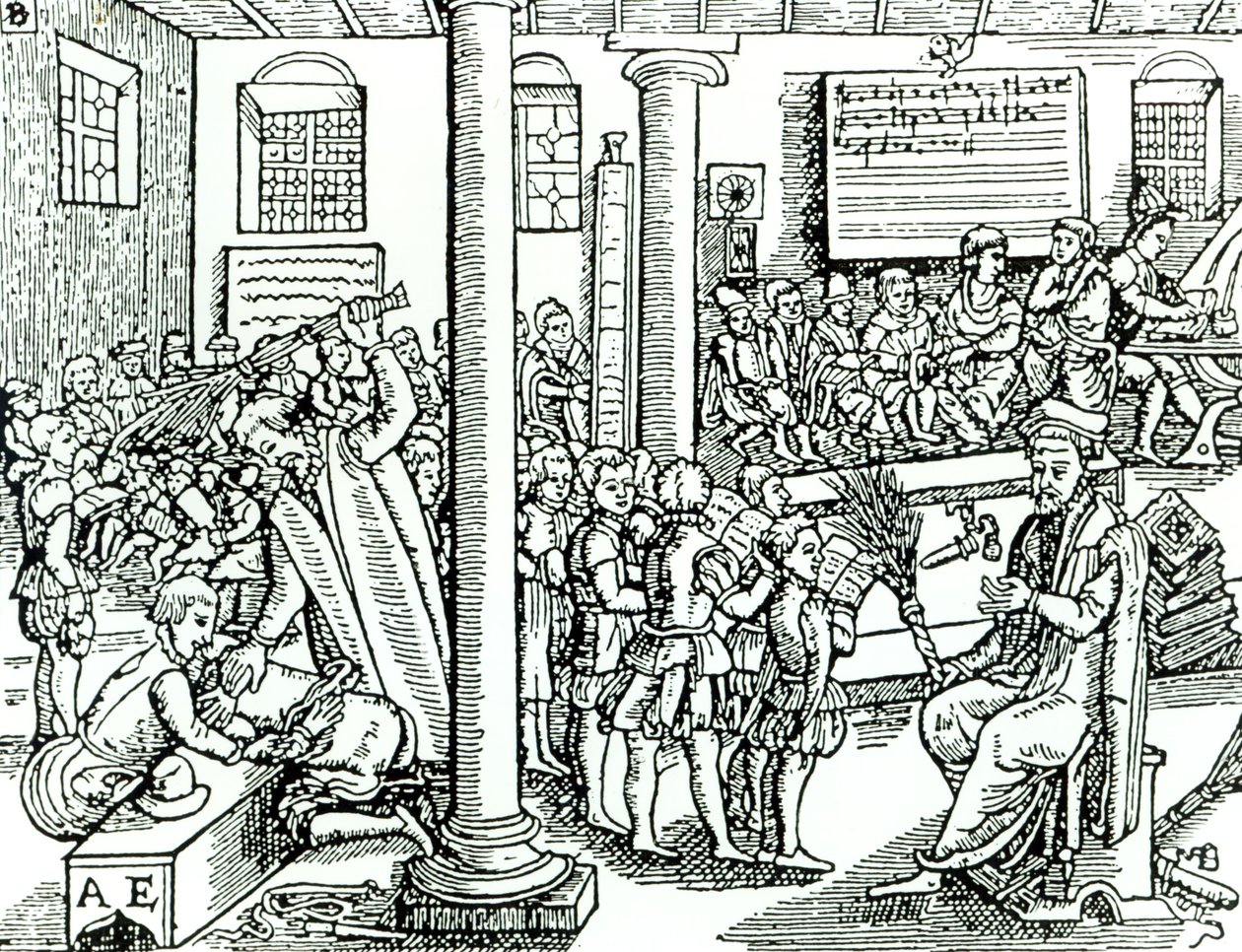 Escena en el aula en tiempos Tudor de English School