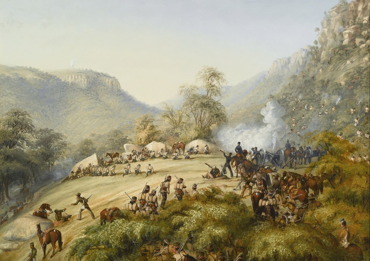 El 74º Regimiento en un enfrentamiento en las alturas sobre Waterkloof, 1851 de English School