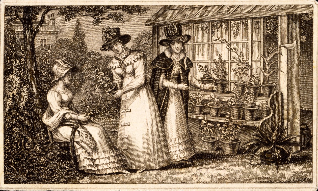 Tres damas jardineando junto al cobertizo de macetas c.1820s de English School