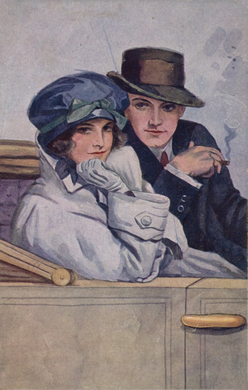 Pareja sentada en un coche (litografía en color) de English School
