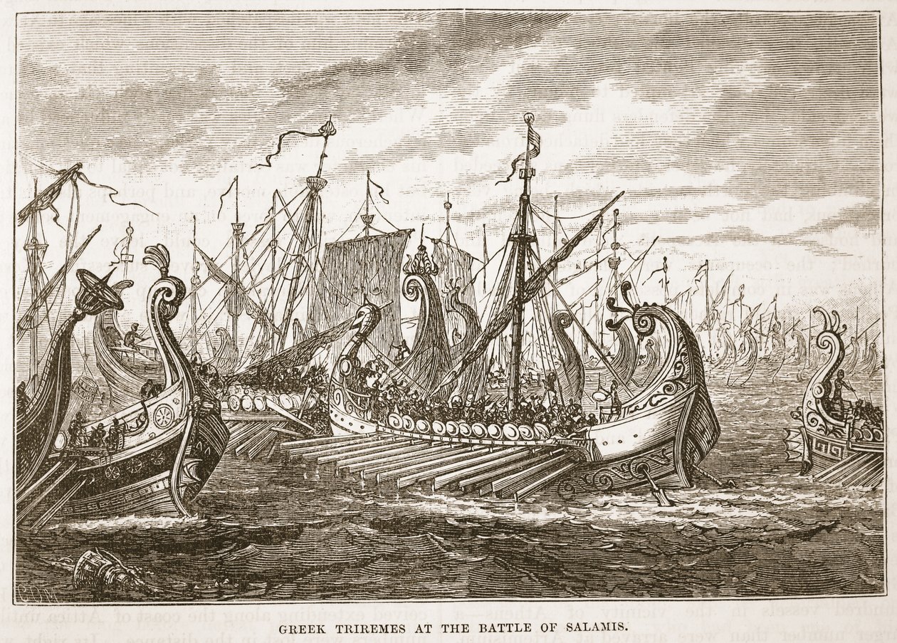 Trirremes griegos en la batalla de Salamina de English School