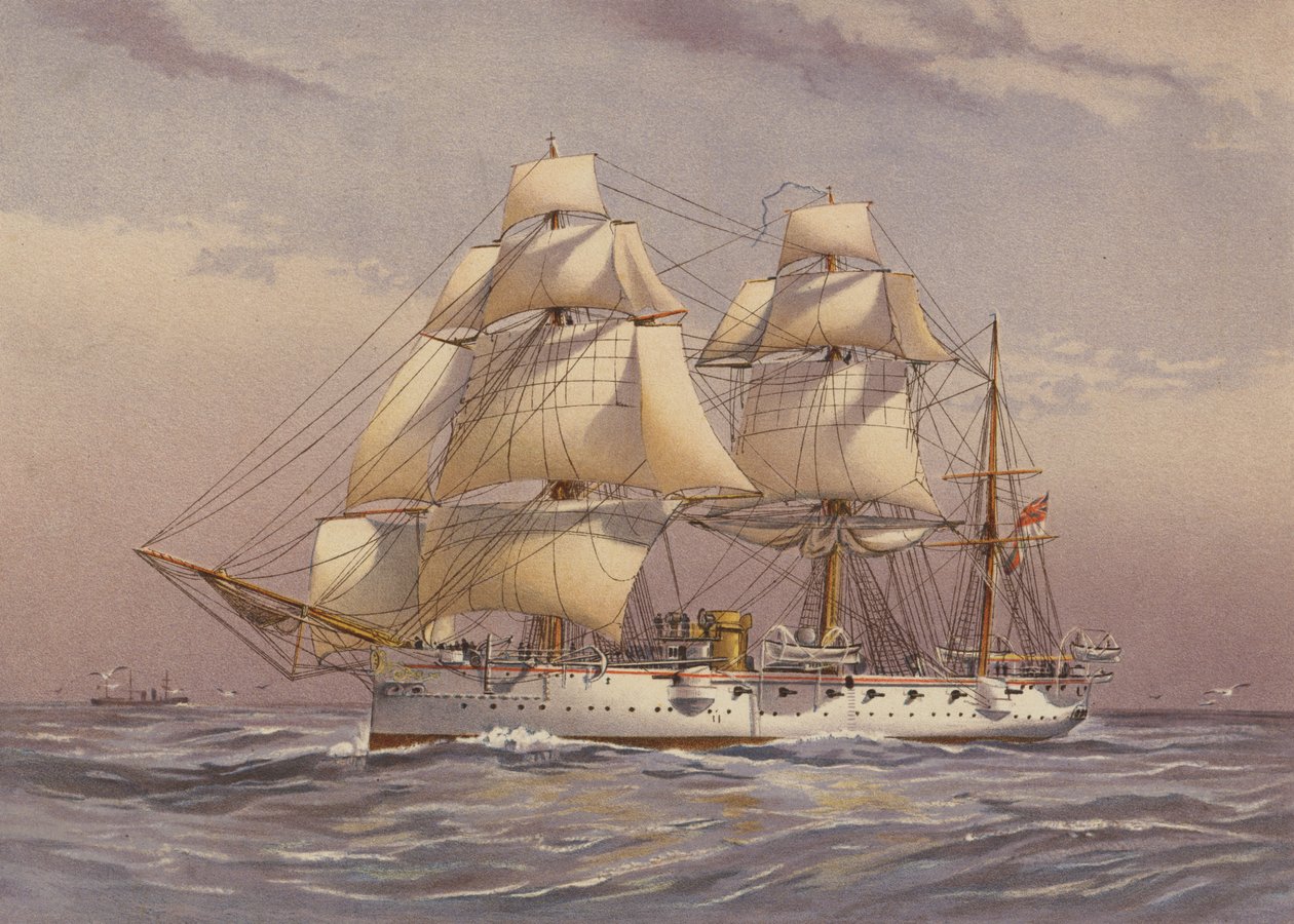 HMS Calliope, crucero de 3ª clase (litografía en color) de English School