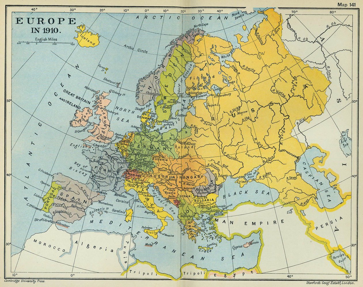 Mapa de Europa en 1910 (litografía en color) de English School