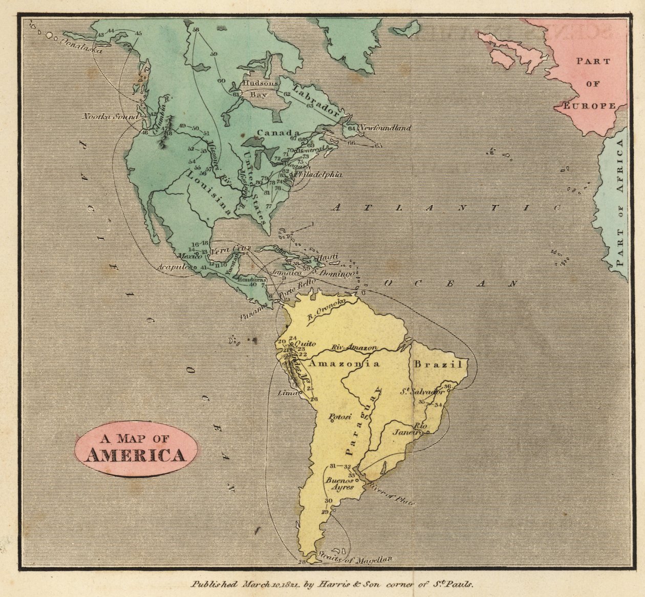 Mapa de las Américas, hacia 1821 de English School
