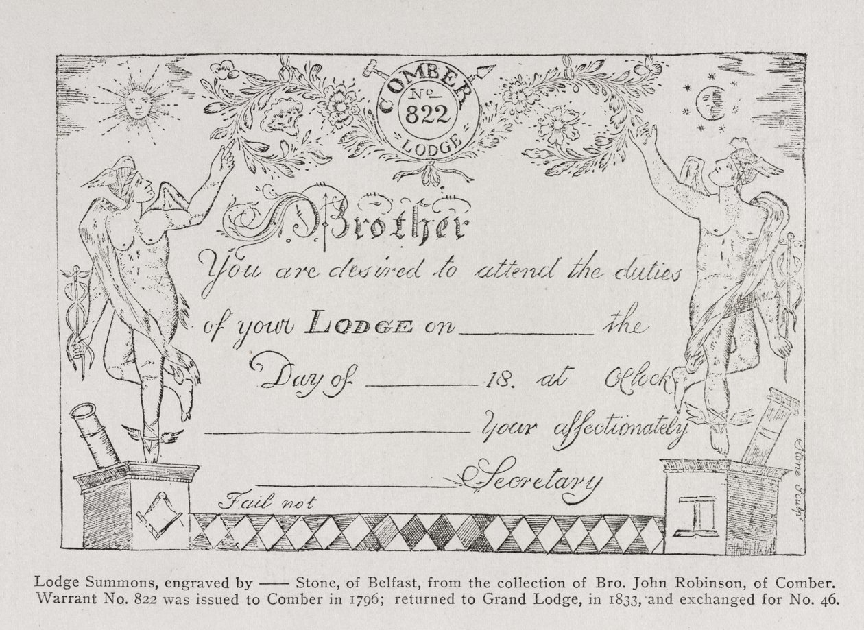 Citatorio de la logia masónica, fechado en 1796 de English School