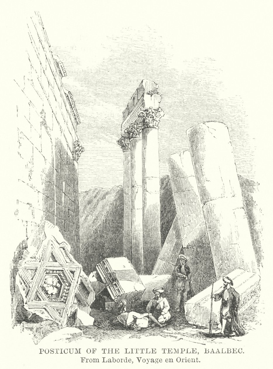Posticum del Pequeño Templo, Baalbec (grabado) de English School