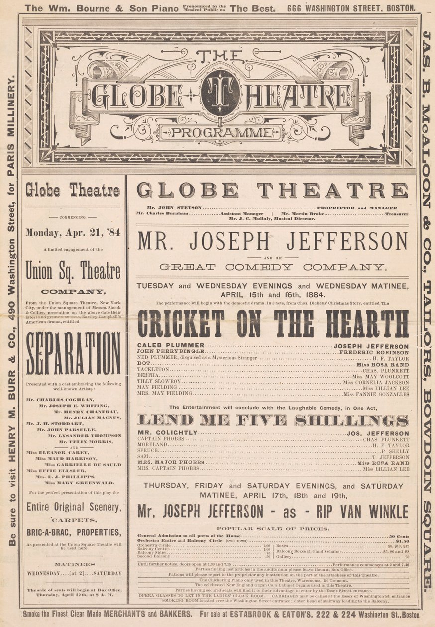 Programa del Teatro Globe, 21 de abril de 1884 de English School