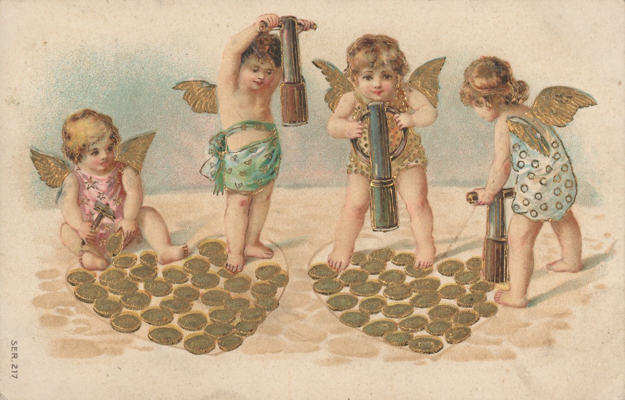 Tarjeta de San Valentín, putti estampando corazones de English School