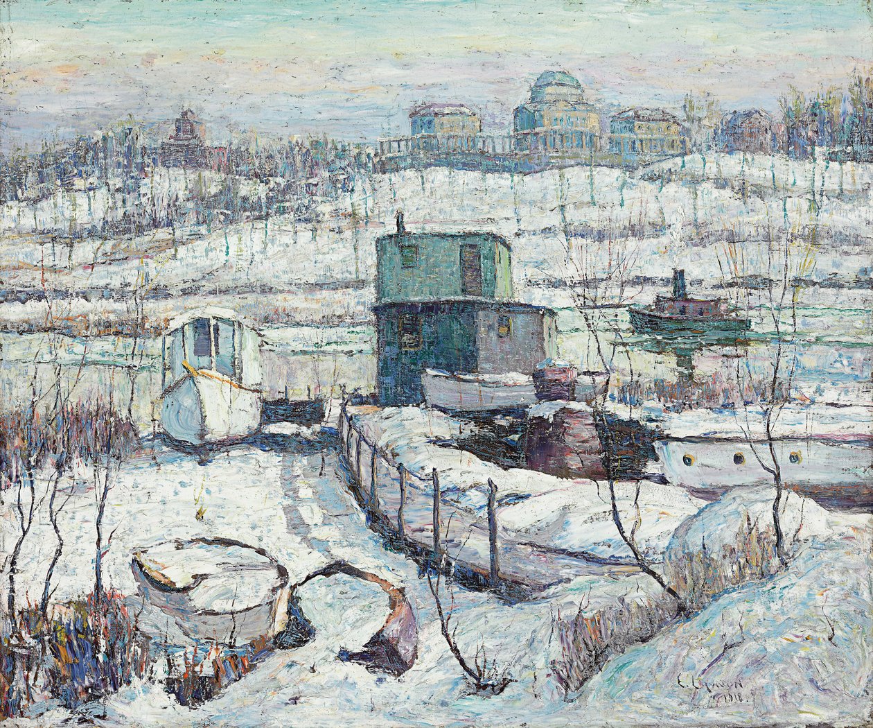 Casa de botes, invierno, río Harlem de Ernest Lawson