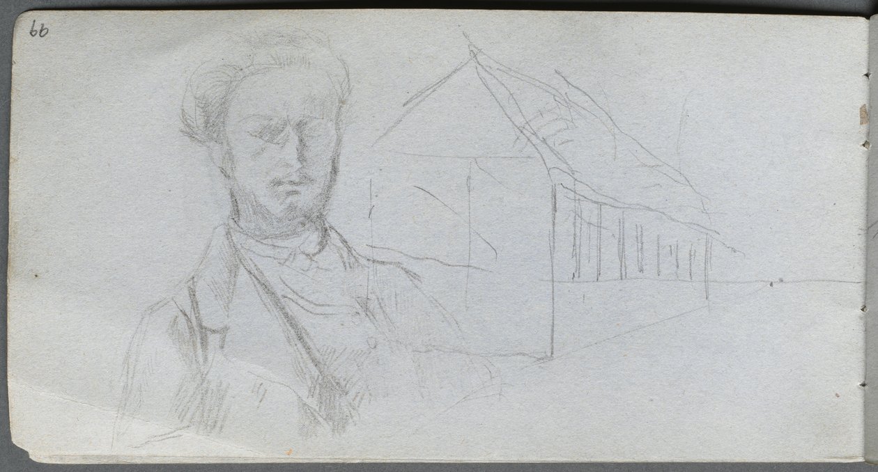 Cuaderno de bocetos, página 99: Estudio de Figura, Edificio de Jean Louis Ernest Meissonier