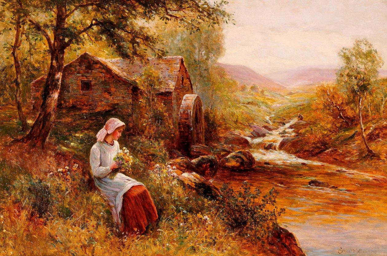 Una joven recogiendo flores de primavera de Ernest Walbourn