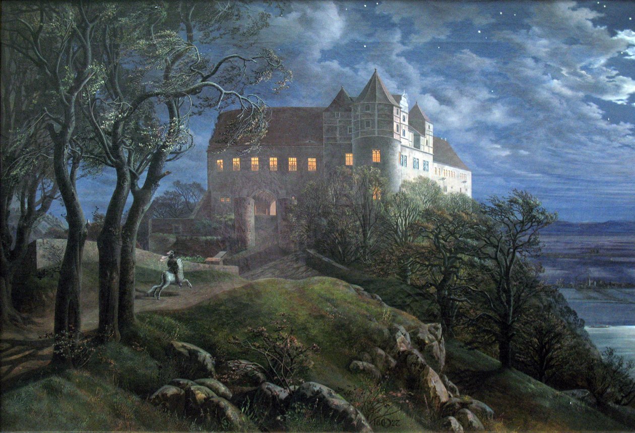 Castillo Scharfenberg de noche de Ernst Ferdinand Oehme