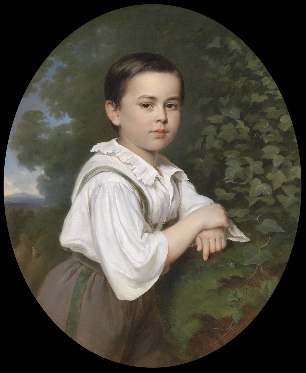 Retrato de un niño con fondo de paisaje de Ernst Lafite