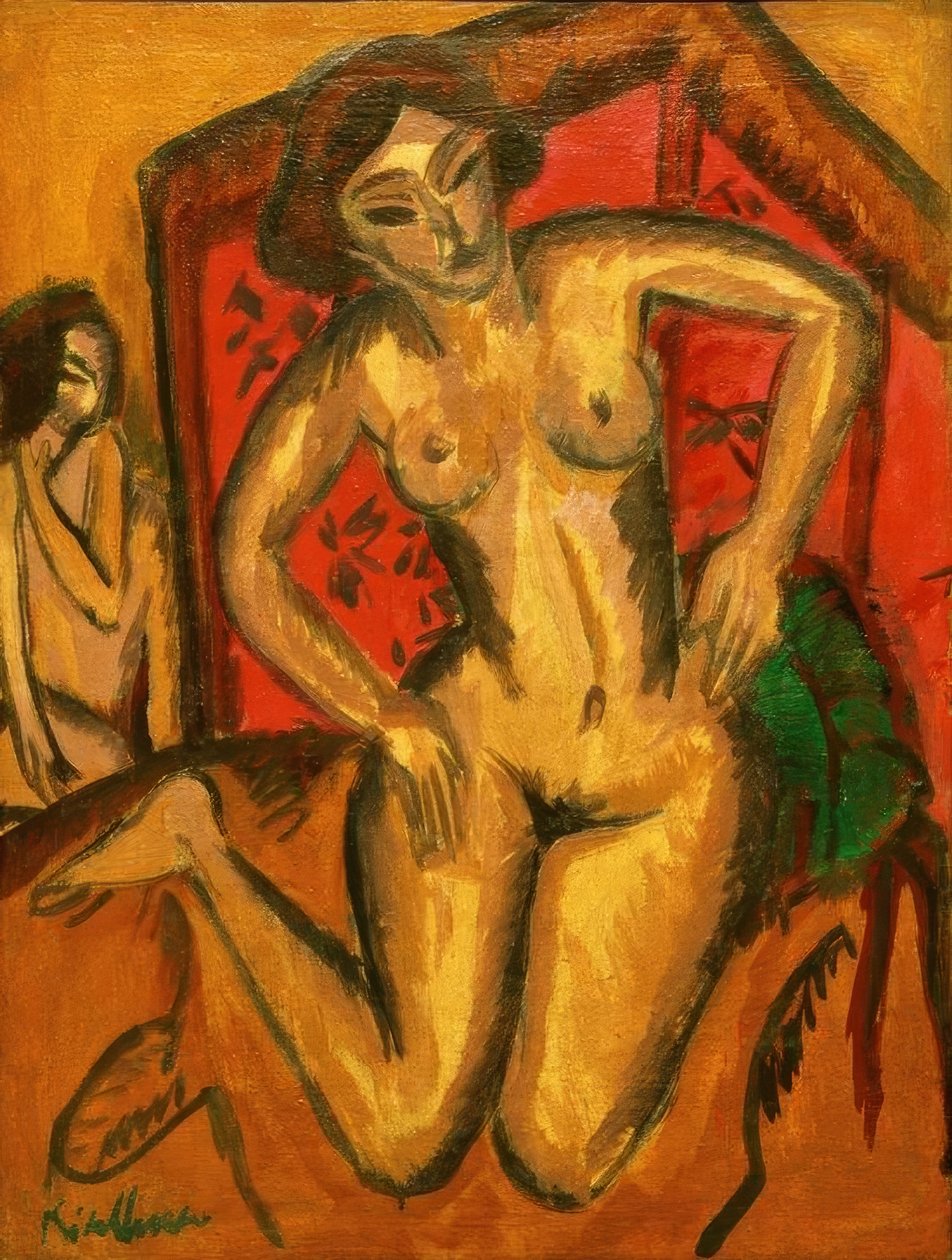 Desnudo de niña arrodillada frente a una pantalla roja de Ernst Ludwig Kirchner