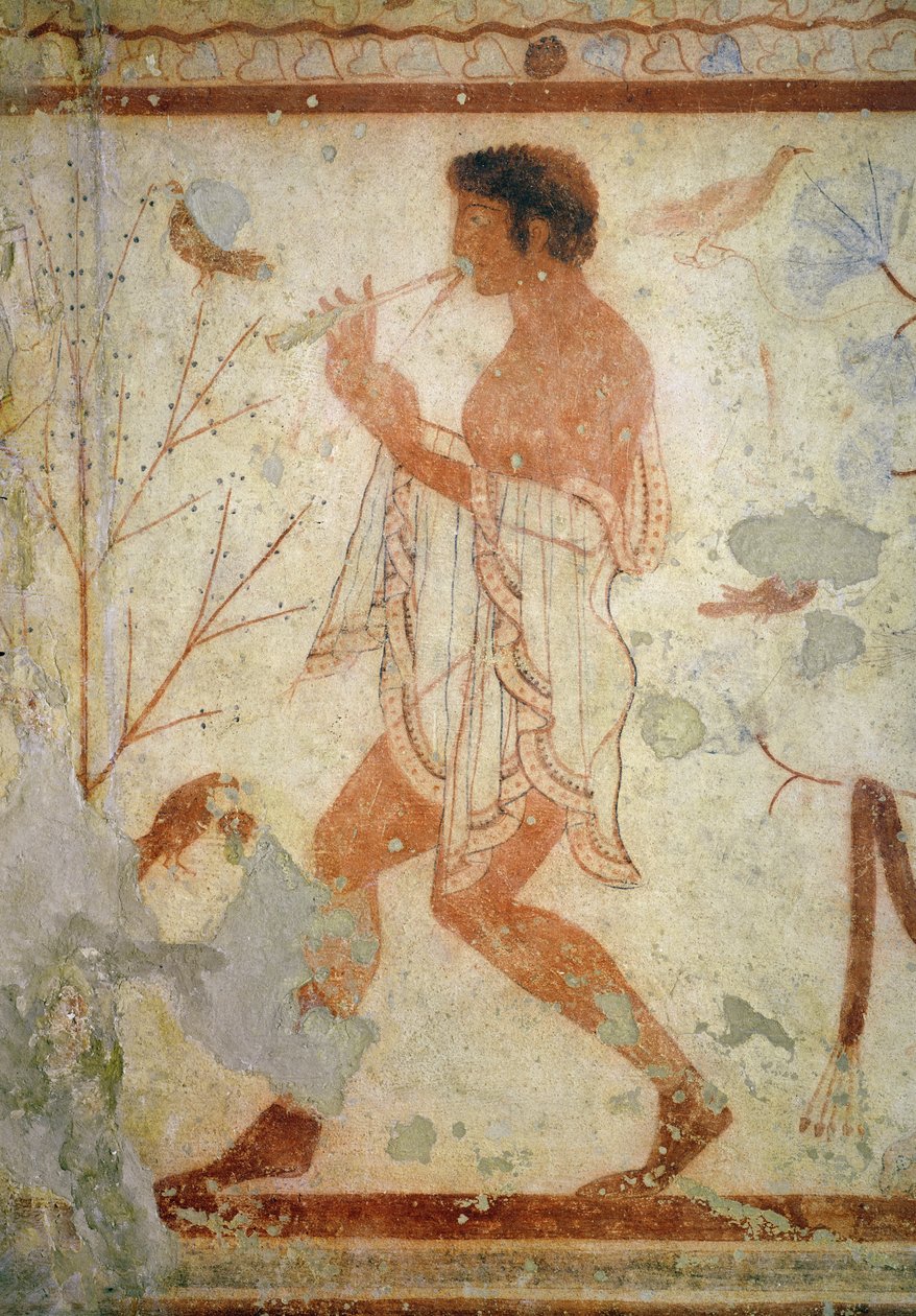 Músico tocando una doble flauta, de la tumba del triclinium, c.470 a.C. (pintura mural) de Etruscan