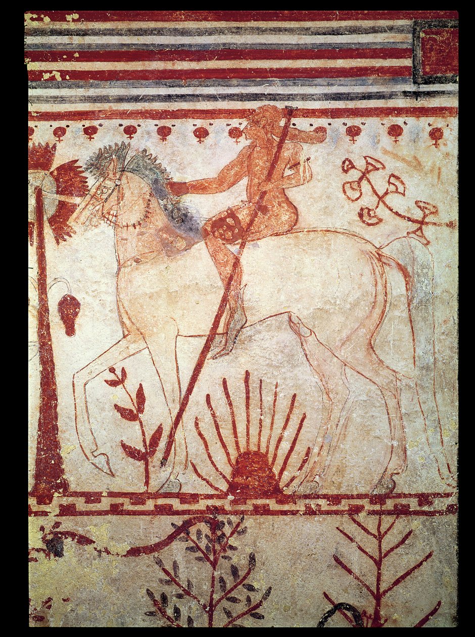 La emboscada del príncipe troyano Troilo por Aquiles, de la Tumba de los Toros (Tomba del Tori) c.540 a.C. (pintura mural) de Etruscan