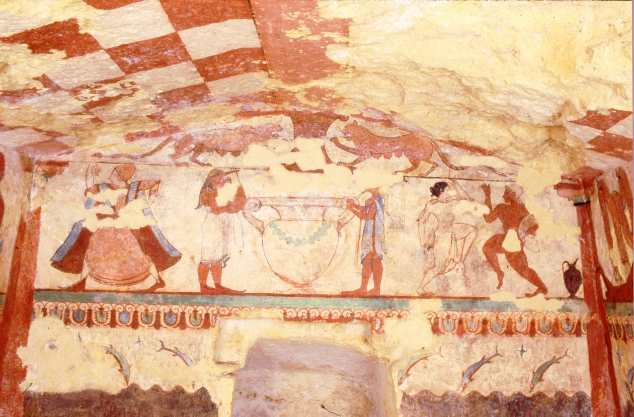 Muro que representa músicos, bailarines y delfines, de la Tumba de las Leonas en la necrópolis, c.520 a.C. de Etruscan