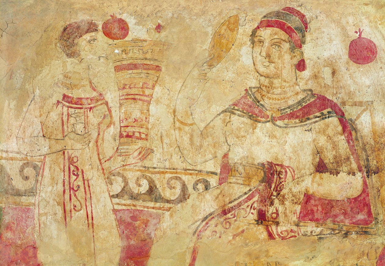 Mujer en su tocador, escena funeraria, Período Samnita, siglo V-IV a.C. (pintura mural) de Etruscan