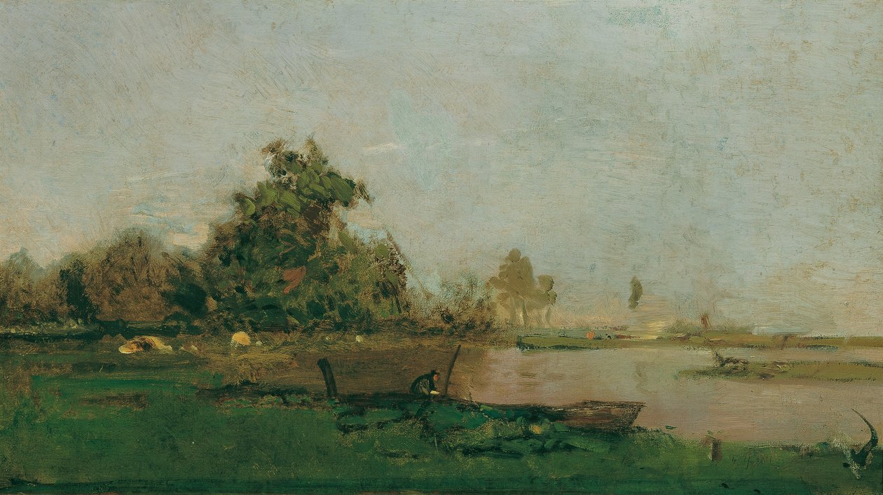 paisaje de río con un barco de Eugen Jettel