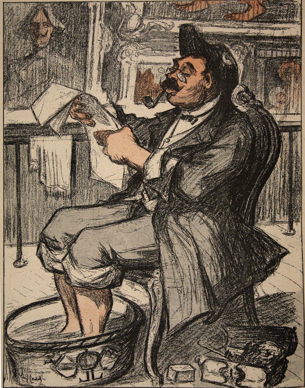 Un funcionario del gobierno leyendo su periódico con un baño de pies, ilustración de 