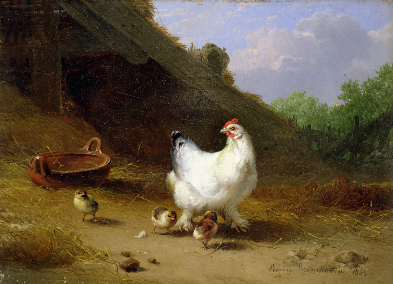 Una gallina con sus pollitos de Eugene Joseph Verboeckhoven