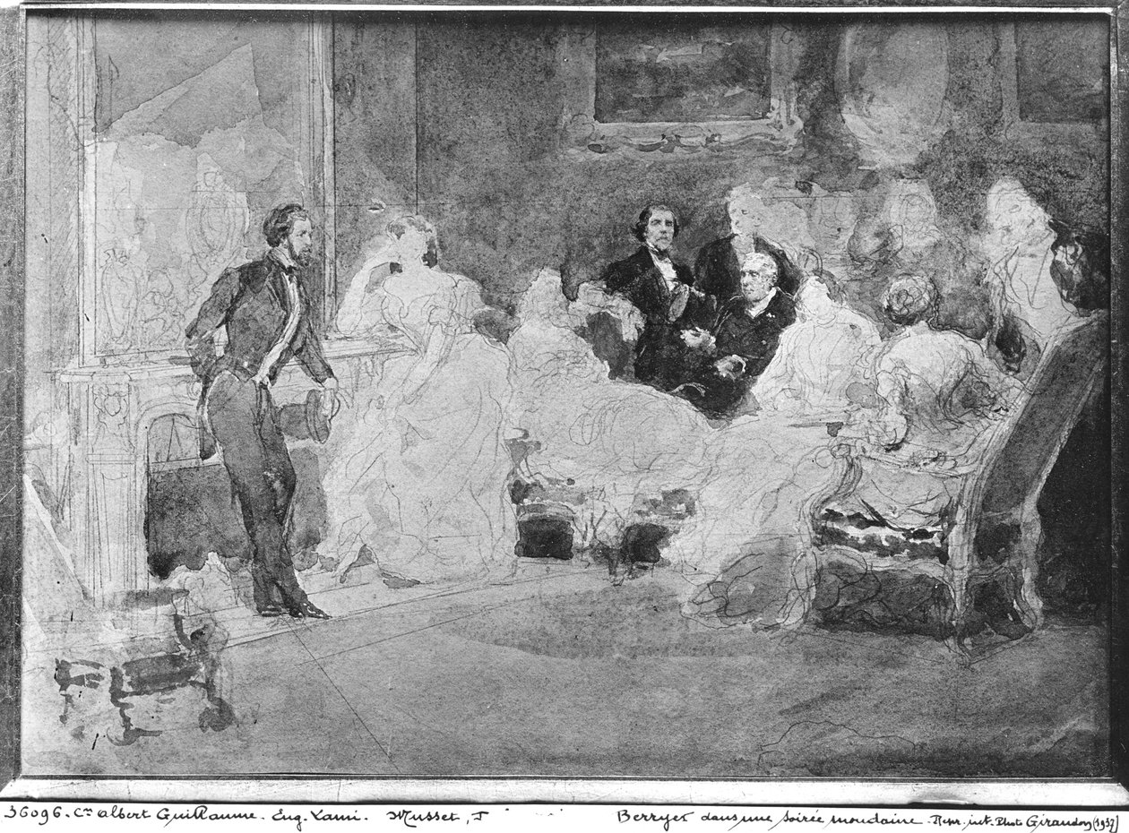 Alfred de Musset (1810-57), Eugene Delacroix (1798-1863) y Pierre Antoine Berryer (1790-1868) en una velada social, c.1840 de Eugene Louis Lami