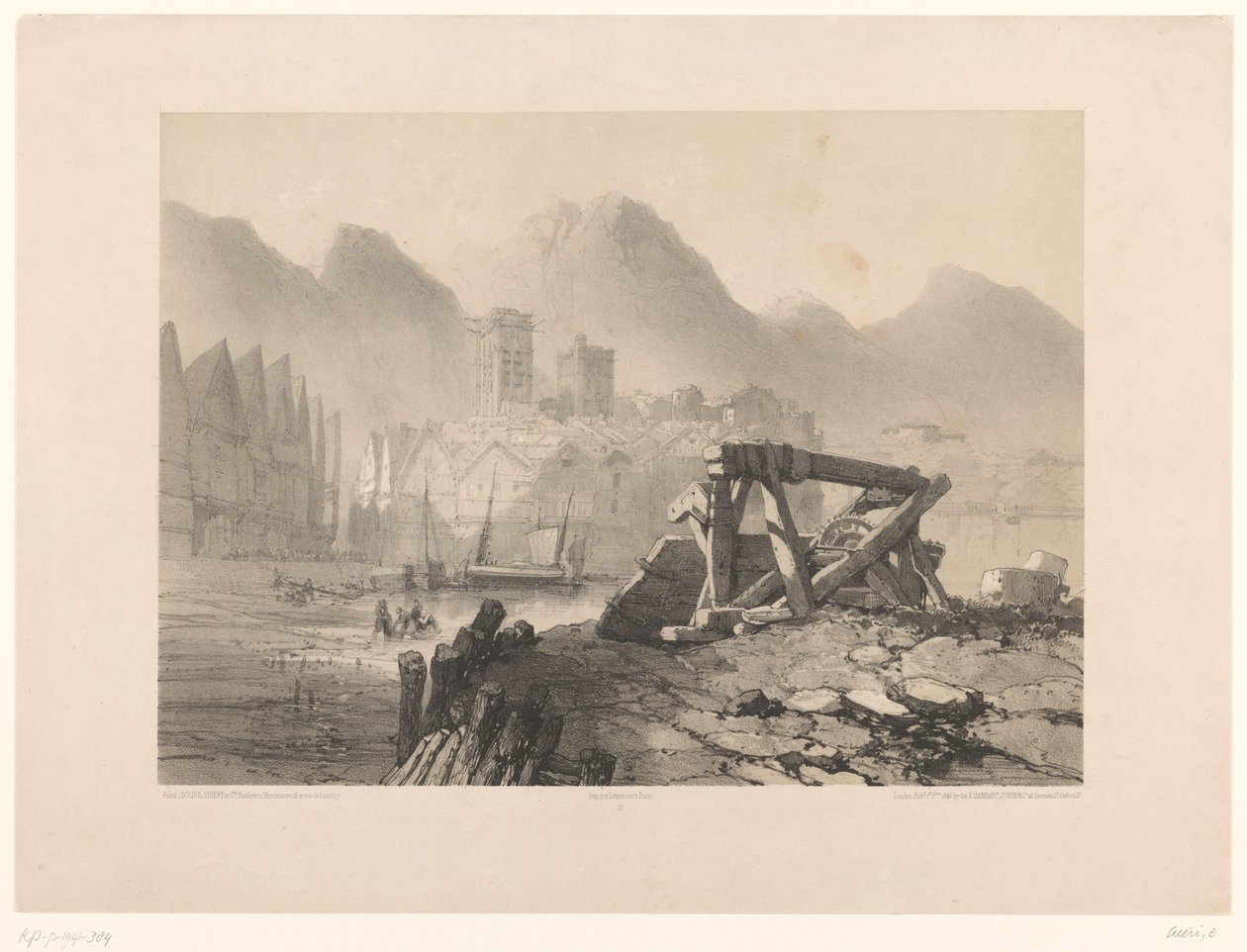 Paisaje urbano con puerto y montañas. de Eugene Ciceri