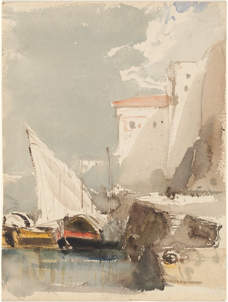 Veleros en un puerto iluminado por el sol de Eugene Isabey