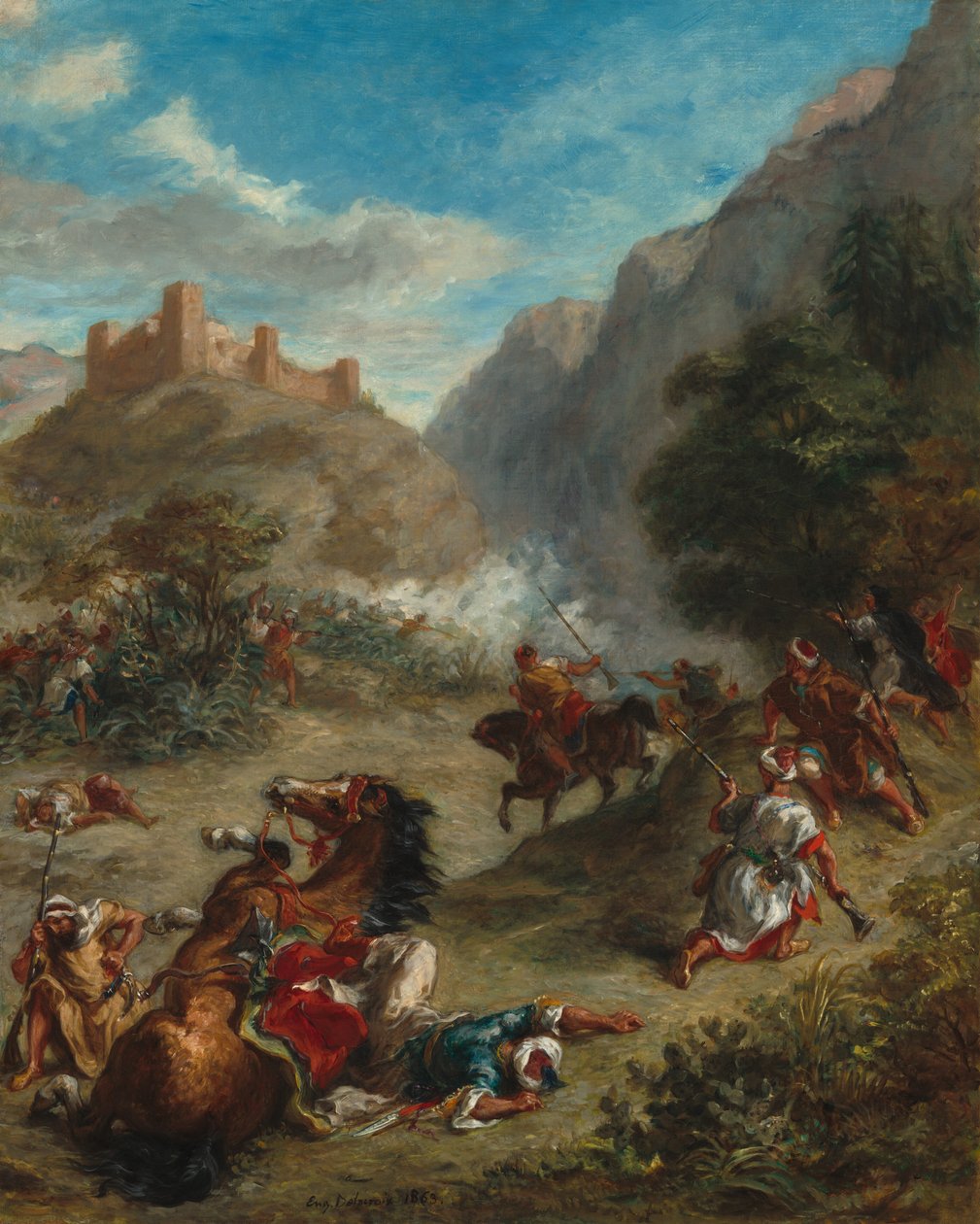 Árabes escaramuzando en las montañas de Eugène Delacroix