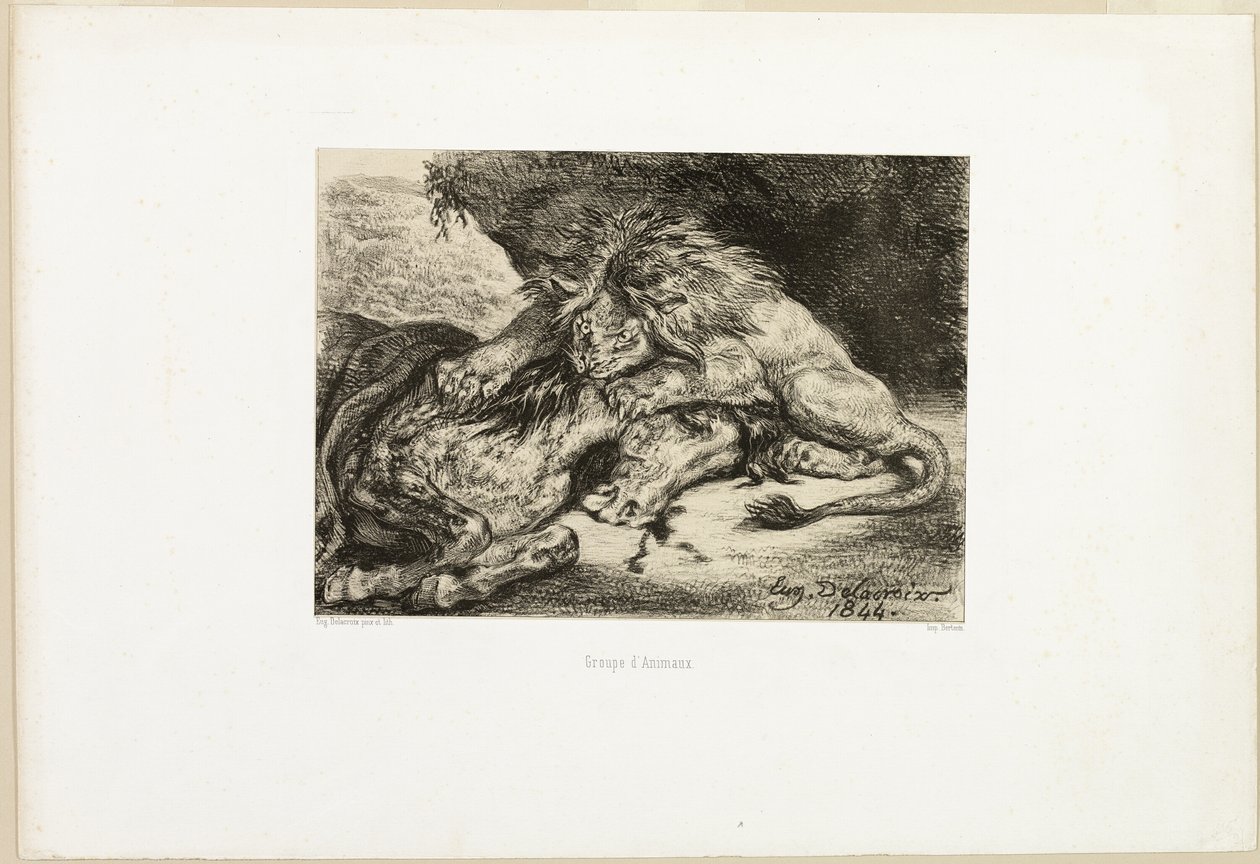 León devorando un caballo de Eugène Delacroix